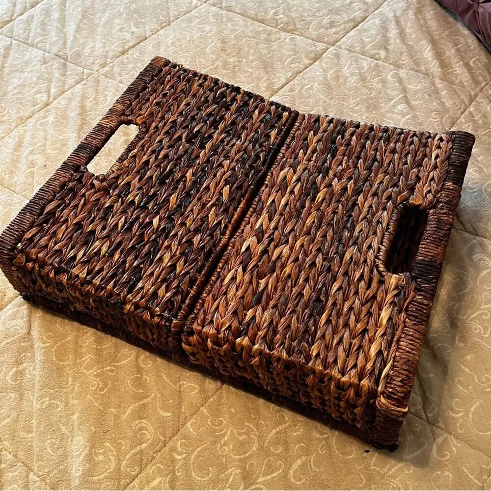 NEW Pottery Barn Rattan Wicker Metal Folding Side Table Tea Brunch Bed Table T…